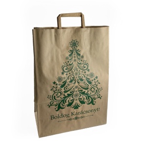 Papírtáska, 32 + 16 x 45 cm, szalagfüles, barna, karácsonyi mintával
