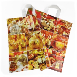 Szalagfüles karácsonyi táska, 40 x 42 cm, 2. arany-piros képekkel, nyomdázott