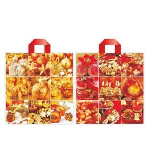 Szalagfüles karácsonyi táska, 40 x 42 cm, 2. arany-piros képekkel, nyomdázott