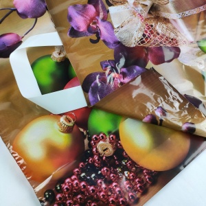 Szalagfüles karácsonyi táska, 40 x 42 cm, 8. ajándékdobozos, nyomdázott