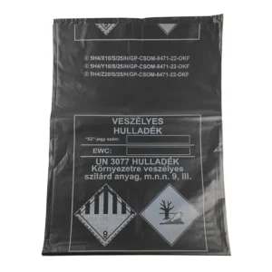 Veszélyes hulladék gyűjtő ADR zsák, 76 x 110 cm, fekete, újrahasznosított PE, 60 mikron