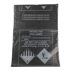 Veszélyes hulladék gyűjtő ADR zsák, 76 x 110 cm, fekete, újrahasznosított PE, 60 mikron